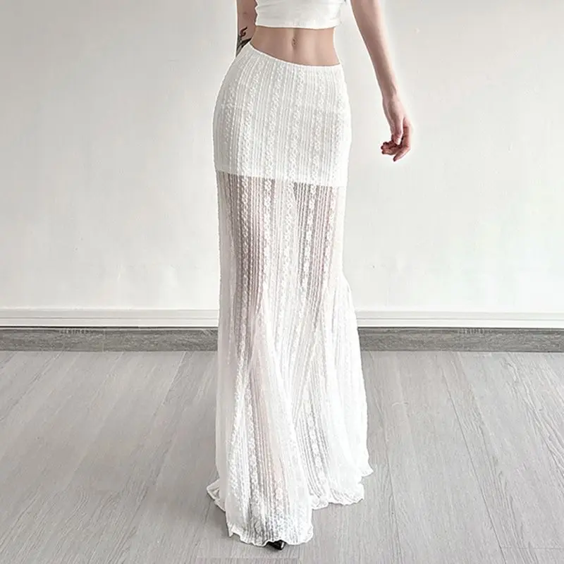 Summer Long Mesh Lace Floor Skirt Style Pure Desire High Waist A-Line Half Skirt for Women Commute CityWalk Three-acetate Fiber