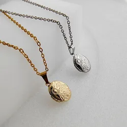 1pc Tiny Oval Photo Frame Pendant Necklace Engraved Flower Charms Floating Locket Necklaces Women Men Fashion Memorial Jewelry