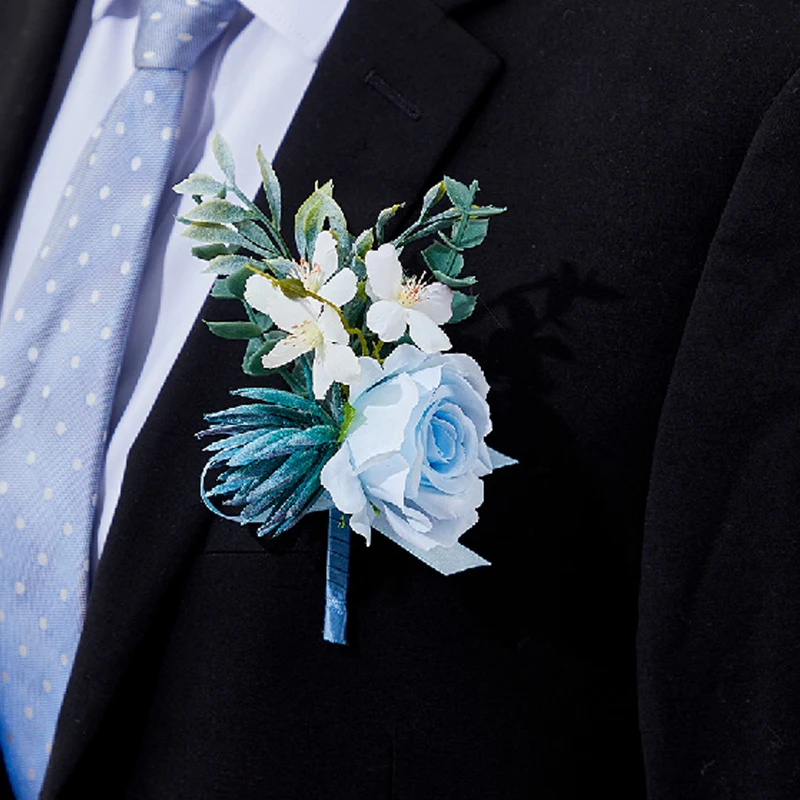 Azul lótus rosa corsage e boutonniere baile de formatura flor artificial pulso corsage pulseiras baile corsage pulseira
