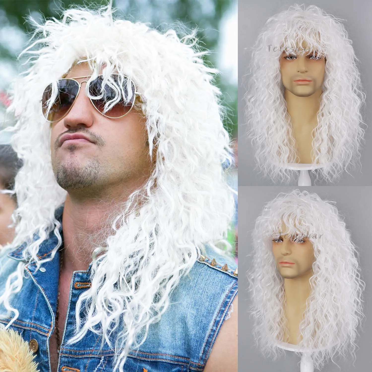 Peluca sintética para hombre, peluca ondulada larga y rizada, peluca basculante de los años 70 y 80 con flequillo, peluca de disfraz de Halloween resistente al calor para hombres