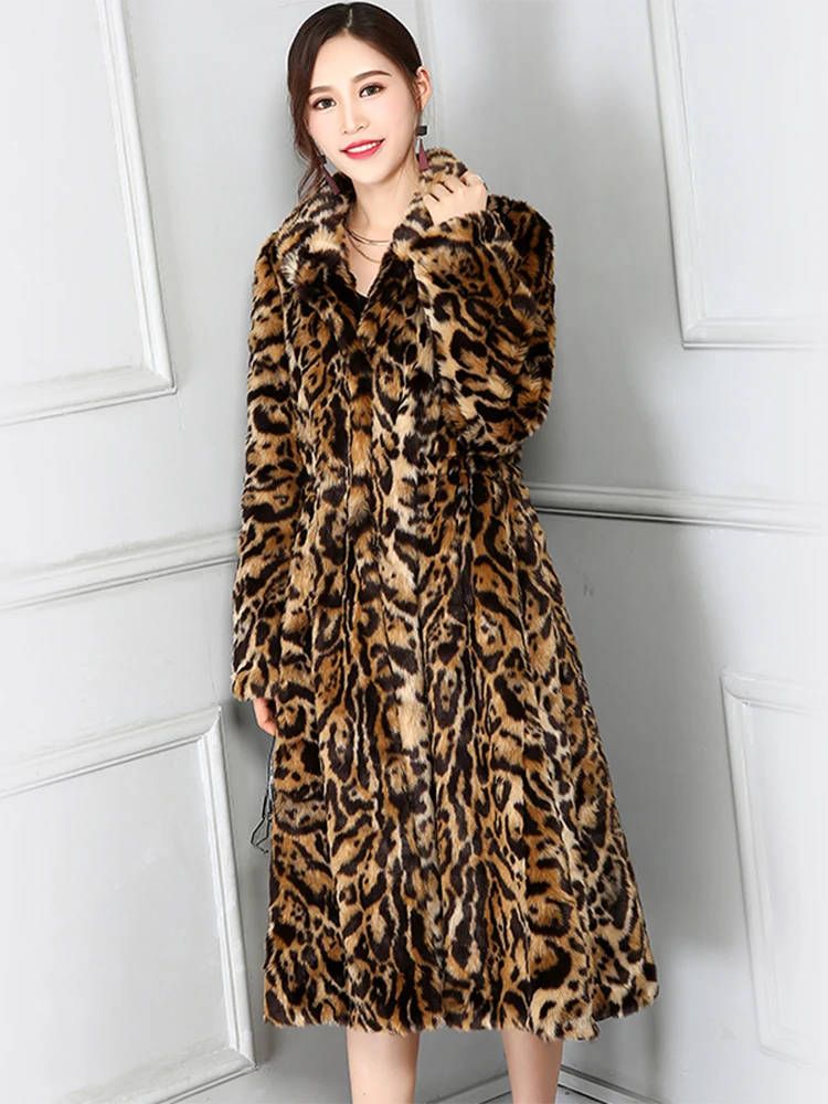 Nerazzurri Winter Elegant Warm Thick Skirted Fluffy Faux Fur Leopard Coat Women Drawstring Runway European Fashion Overcoat 2021