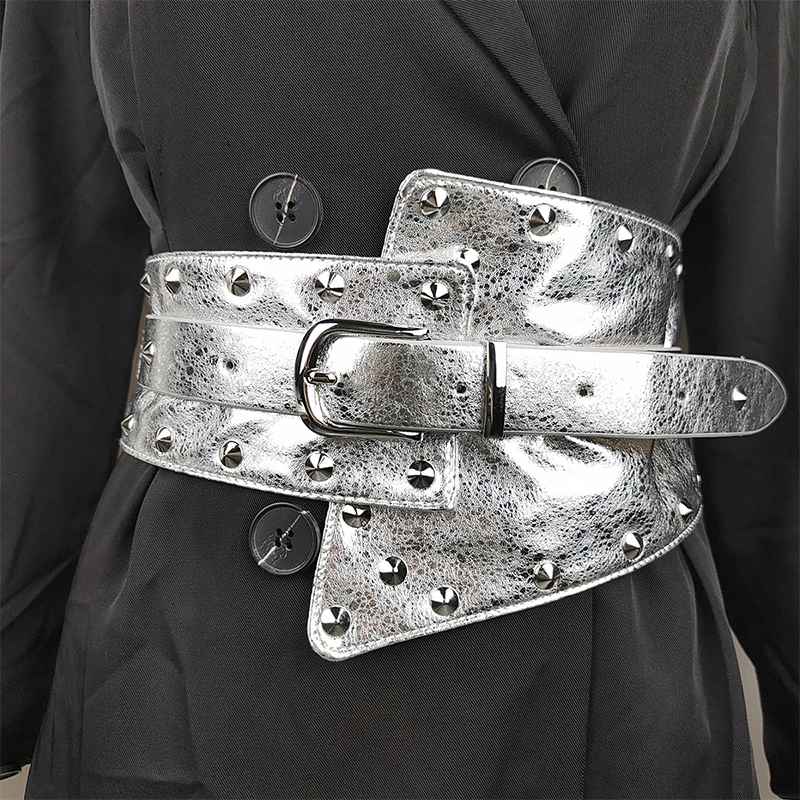 

Silver Vintage PU Wide Belts Rivet Pin Buckle Luxury Leather Belt Women's Dress Jeans Accessories Y2K Punk Elastic Waistband