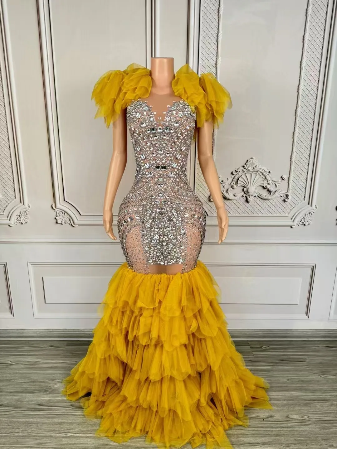 elegant queen dress May Queen MQ2119 - Long Sheath Dress - Strapless, Corset Bodice, Embellished, Lace-Up Tie, Concealed Zipper Closure, Slit, Train 20 / Blush main image 1