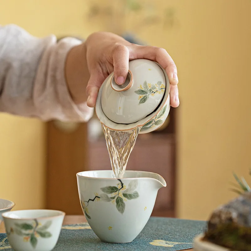 Hand-painted Osmanthus Two Cover Bowl Teacup Ice Table Tea Bowl Pot With A Single Dry Bubble Bowl Underglaze Color