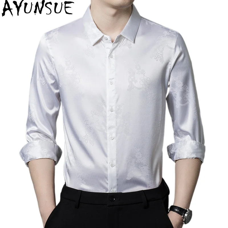 

SYUNSUE 92.4% Mulberry Silk Mens Shirts Long Sleeve Shirt Spring Men Clothing Camisa De Hombre Printed Shirt Fashion Tops 2024