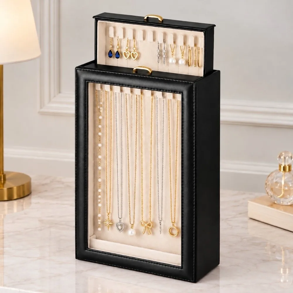 2 Layers Necklace Organizer Box Clear Window Large Capacity Jewelry Display Case portable Vertical Jewelry Drawer Case