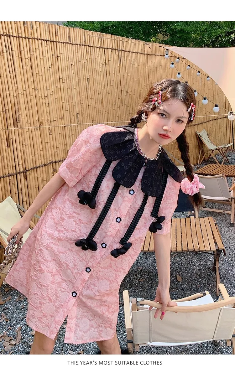 ชุดเดรสยาวลำลองแขนสั้นลายดอกไม้สีชมพูหวานน่ารักสำหรับผู้หญิงแฟชั่นฤดูใบไม้ผลิและฤดูร้อน รุ่น NZ266