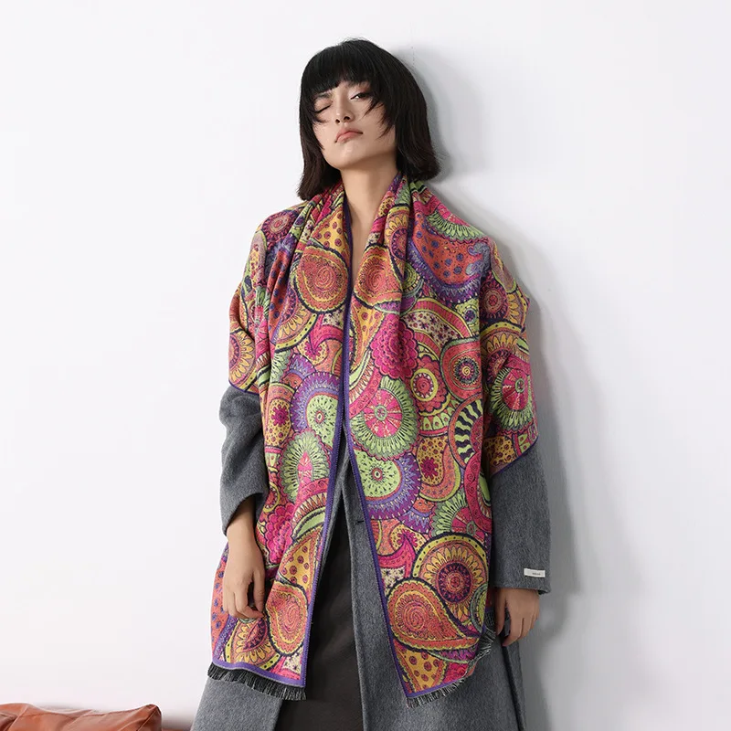 Abstract Oil Painting Print Faux Cashmere Scarf for Women Fleece Lined Warm Tassel Winter Shawl Wrap Neck Cover