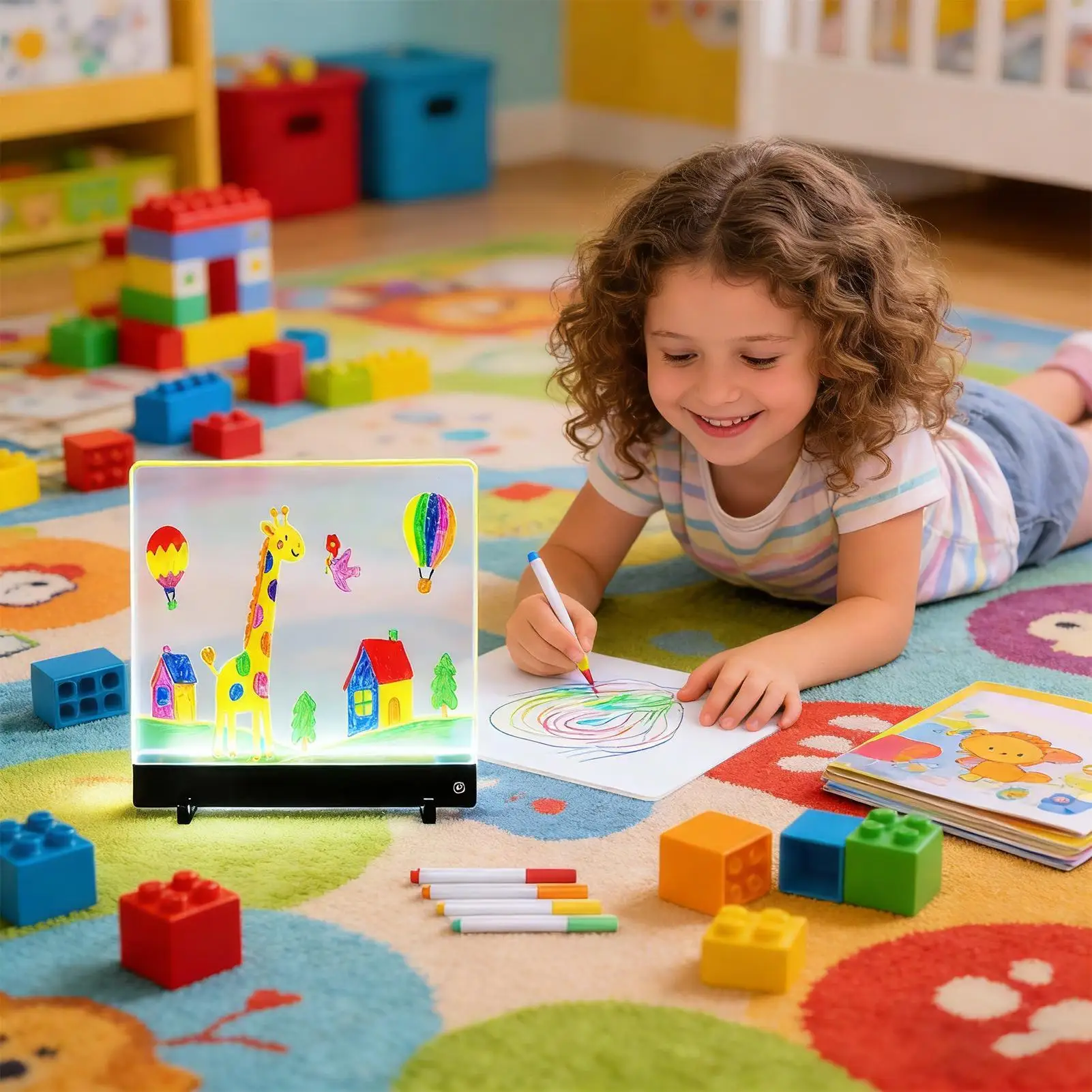 กระดานวาดภาพเรืองแสงสำหรับเด็ก ชาร์จซ้ำได้ 4 โหมด กระดานข้อความ LED ลบได้ พร้อมปากกา 7 ด้าม สำหรับเด็กชาย เด็กหญิง และโรงเรียน