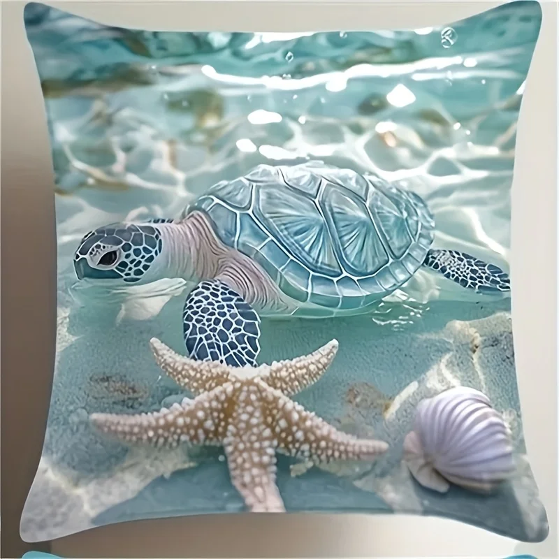 Starfish Turtle Seascape Double Sided Print Polyester Pillow Covers Vacation Style Sofa Home Decor