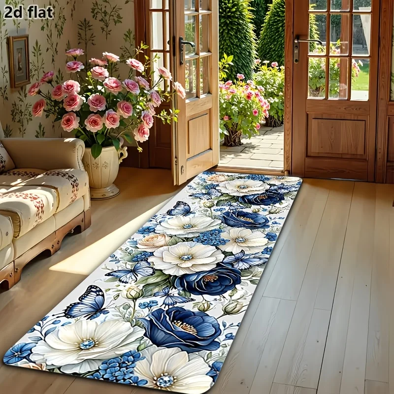 Romantic Garden Flower Butterfly Floor Runner Mat  Soft‑Toned Blue‑White Botanical Art Decor Rug for Indoor Home Corridor
