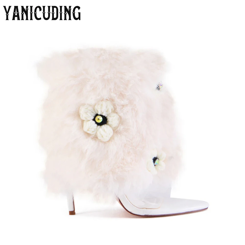 Faux Fur Sandal Booties Pvc Foot Strap Pointed Summer Boots Sexy Style Stiletto Heel Boots Plush Flower Embellished Ankle Boots