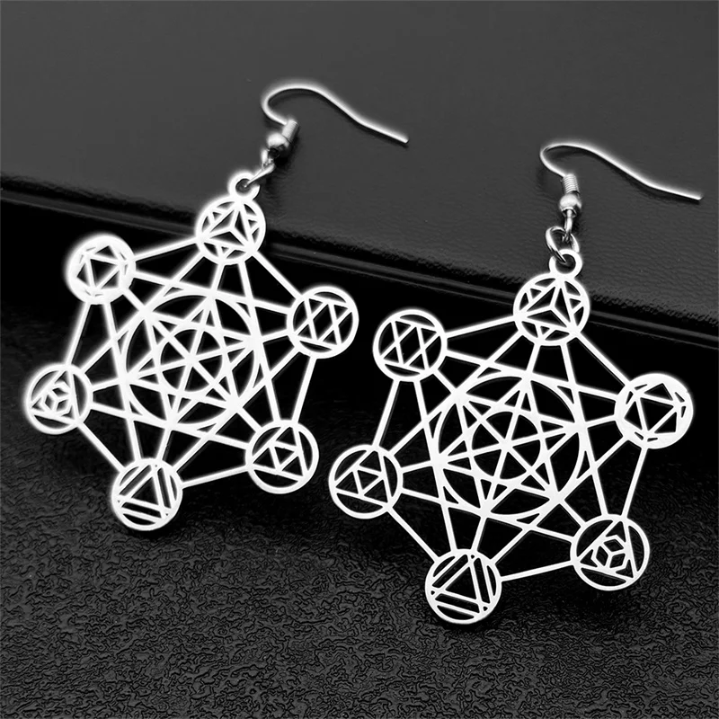 Vintage Large Archangel Metatron Cube  Geometry Flower of Life Earring for Women Men Stainless Steel Silver Color Lucky Jewelry image 2