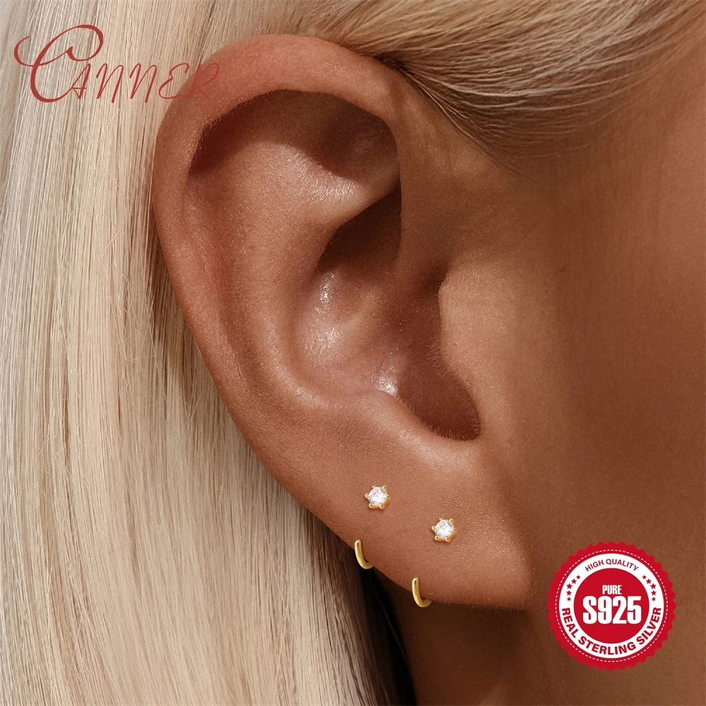 CANNER 925 Sterling Silver Exquisite Zircon Flat Piercing Stud Earrings for Women Surrounds Earlobe Luxury Jewelry Delicate Gift