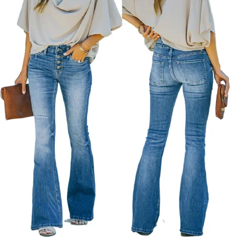 

Spliced High Waist Women Denim Jeans Solid Flare Pants Single Breasted Button Fly Trousers Streetwear Spring Ripped Jeans Women