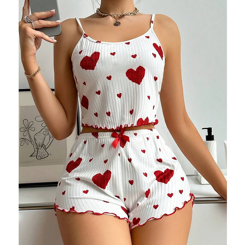 

New Summer Women Pijama Heart Print Camisole With Shorts Casual Lovely Nightie Homewear Sleepwear Comfotable Stripe Pajamas Set