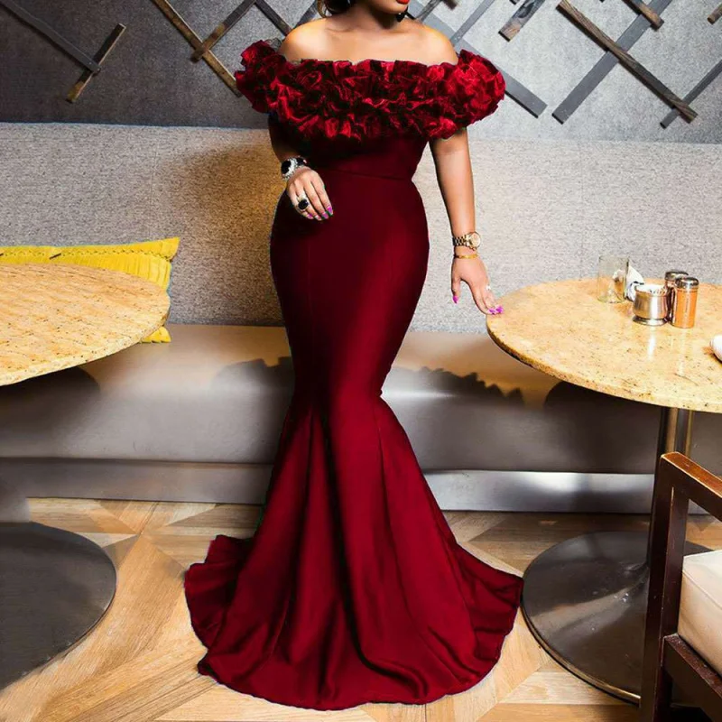 

2025 New Elastic Knitting Belt Anti-Women's Clothing Lotus Leaf off-Shoulder Slim Small Trailing Fashion Dress C001