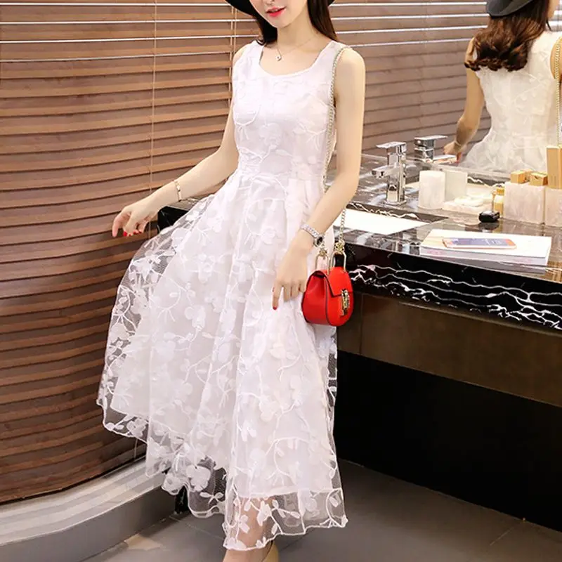 

2024 Summer Sleeveless Lace Chiffon White Dress Fairy Sweet Fresh Sweet Round Neck Simple Bilayer Gauze Sweetheart Vest Dresses