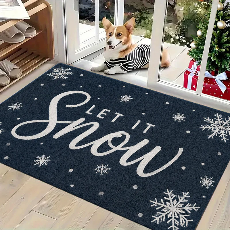 Minimalist Navy Let It Snow White Snowflake Text Print Durable Washable Doormat For Simple Winter Season House Front Cover