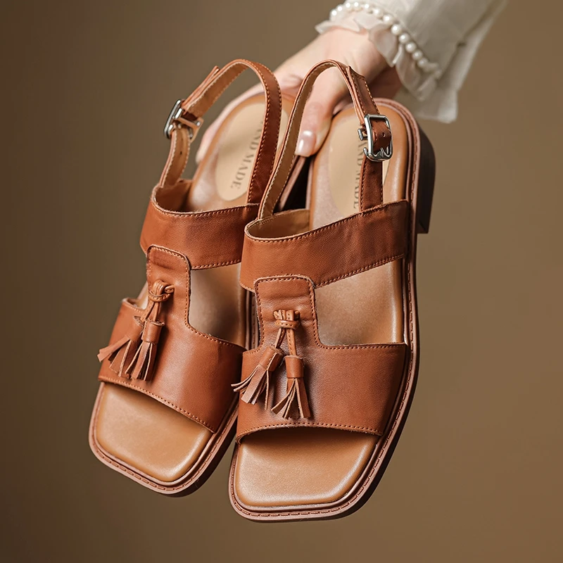 

Women's new summer genuine leather cowhide mid heeled tassel tightly fastened open toed fish mouth shoes fashion sandals