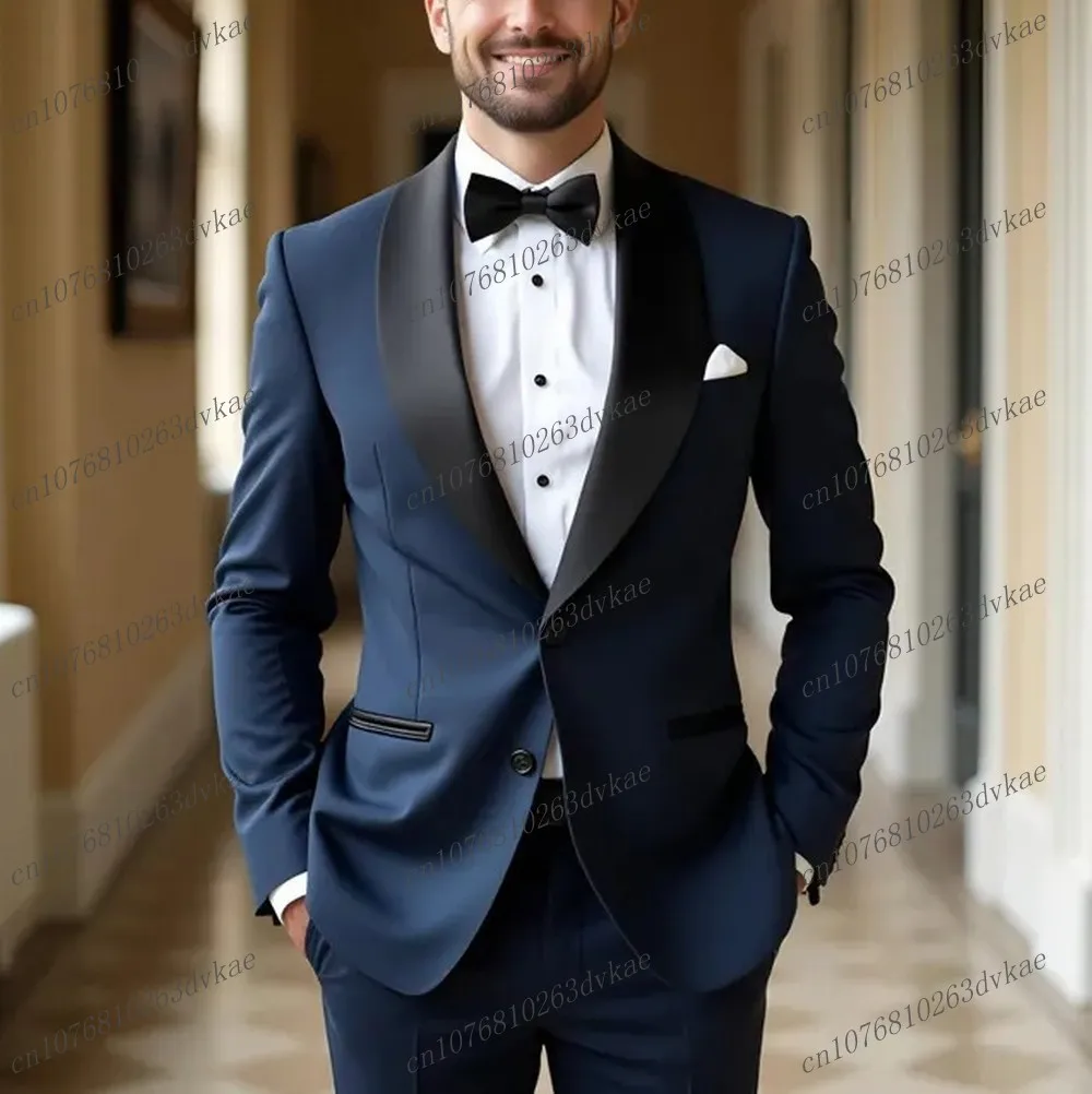 

Черный воротник и темно-синий мужской костюм для свадебной вечеринки, формального жениха, жениха, выпускного вечера, деловые мужские смокинги, комплект из 2 предметов, куртка, брюки