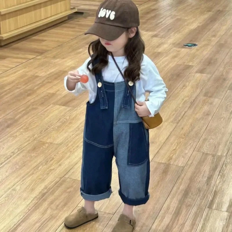Children's Stylish Color Blocked Overalls 2026 New Korean Autumn Boys and Girls Loose Denim Long Pants Trend