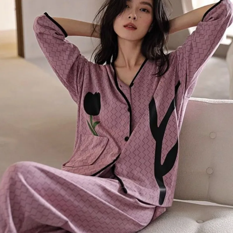 V-neck Pajama Suit Women Spring Autumn Soft Cotton Purple Cardigan Grace Sleepwear Long Sleeved High Aesthetic Home Clothing Set