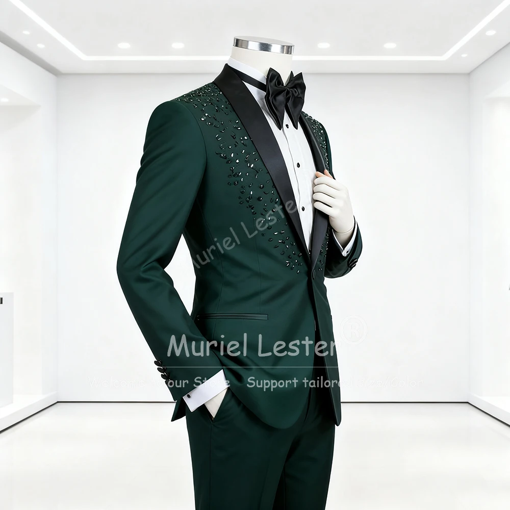 

Elegant Beads Stones Suit Attire For Men Skinny Black Shawl Lapel Groom Tuxedos Blazers Customized 2 Pieces trajes para hombre