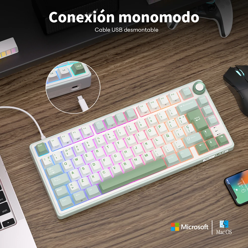 Teclado mecánico con cable RK R75 Royal Kludge, 80 teclas, 80% junta, retroiluminado RGB, teclado para juegos intercambiable en caliente con teclas