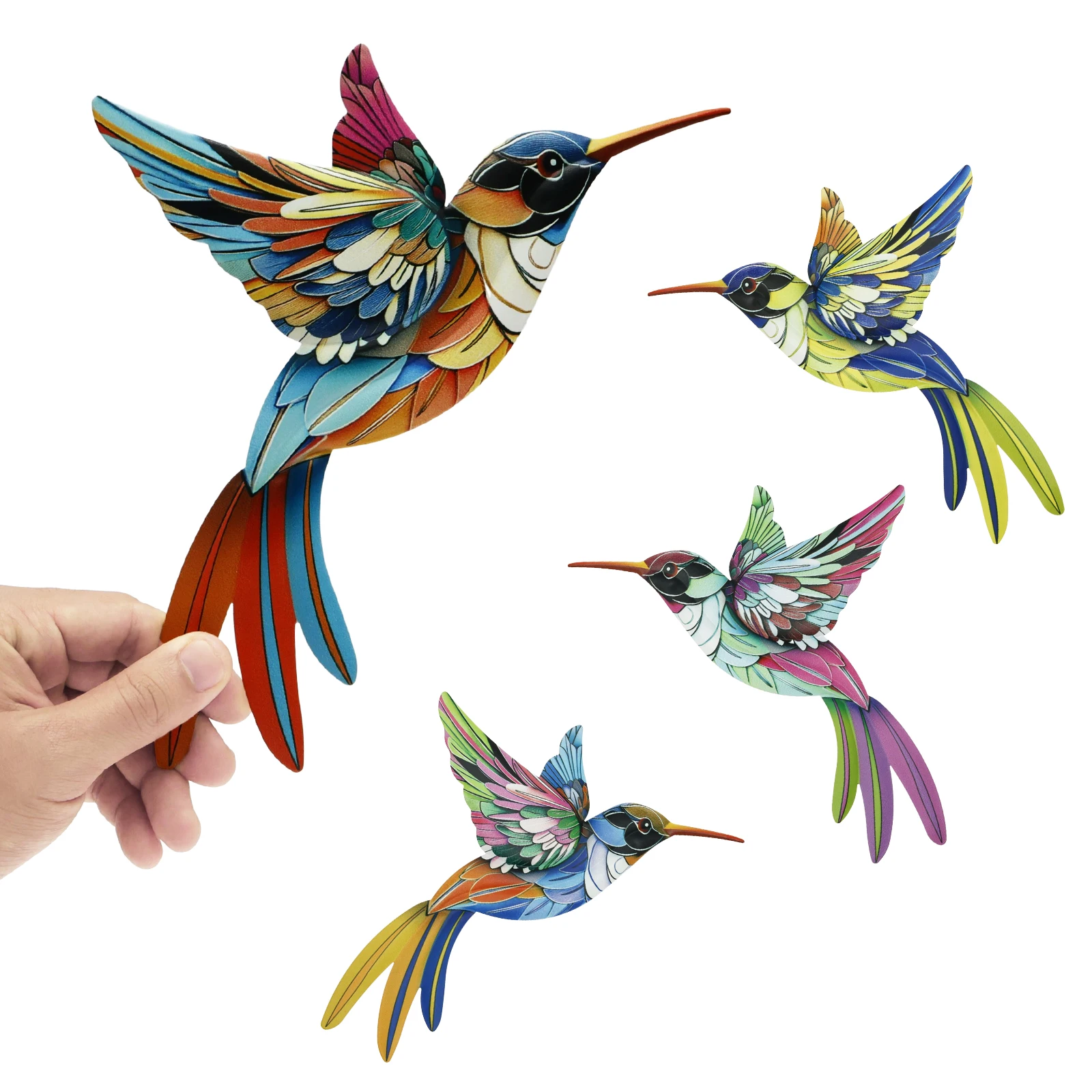 4 Pcs Colorful Hummingbird Wall Art Decor Realistic 3D Metal Hummingbird Sculpture Wall-mounted Bird Sculpture for Patio Garden