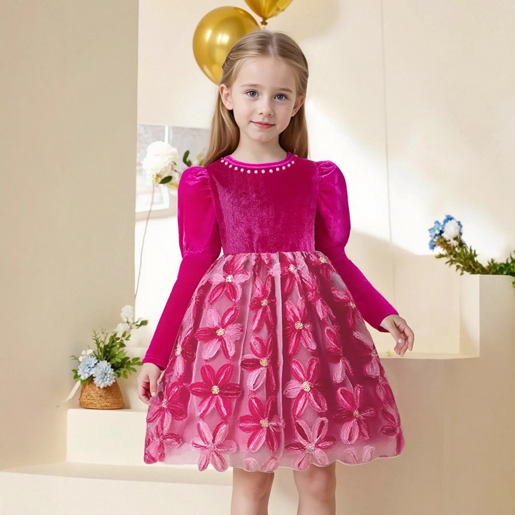 Collar Pearl Decoration Velvet Texture Upper Body Splicing Mesh Large Flower Blooming Fashionable Western-style Dress