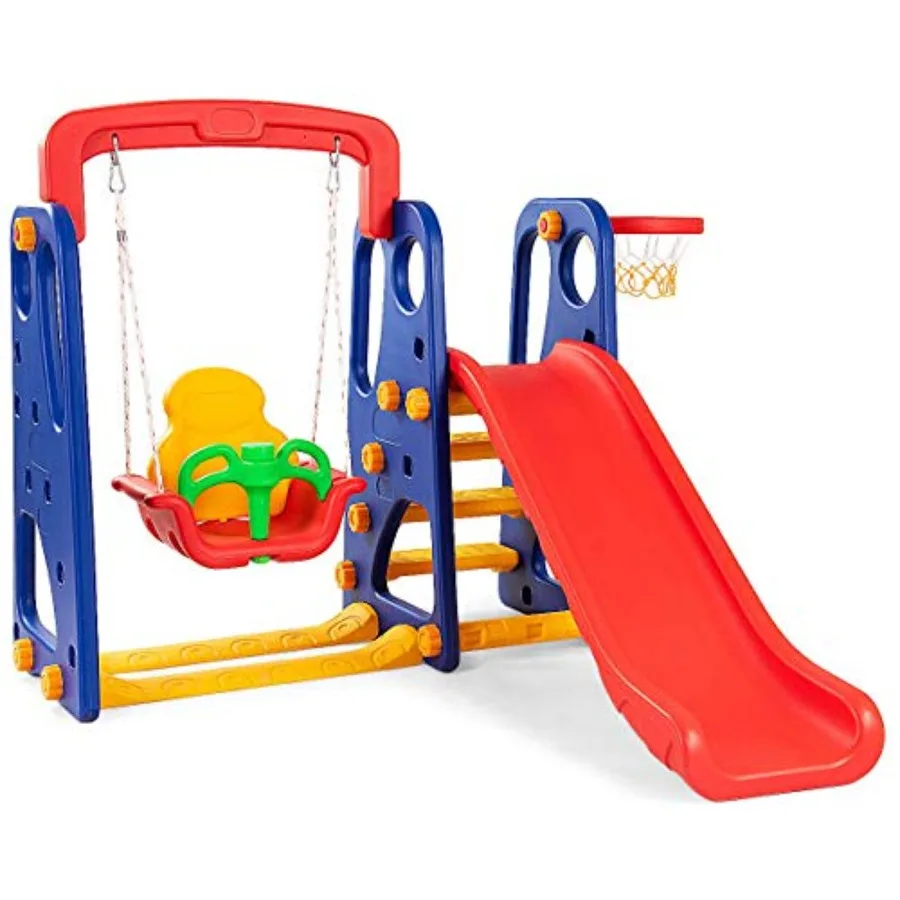 幼児用4in1スライド＆スイングセット、自立式クライマースライドプレイセット（男の子、女の子向け）、バスケットゴール付き、エクストラロングスライド