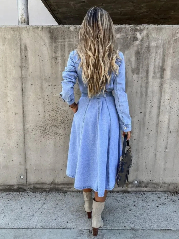 2024 Spring Autumn New Denim Dress Women Blue Long Sleeve Single Breasted Lace Up Dress Fashion Casual Lapel A-line Dresses Lady view 3