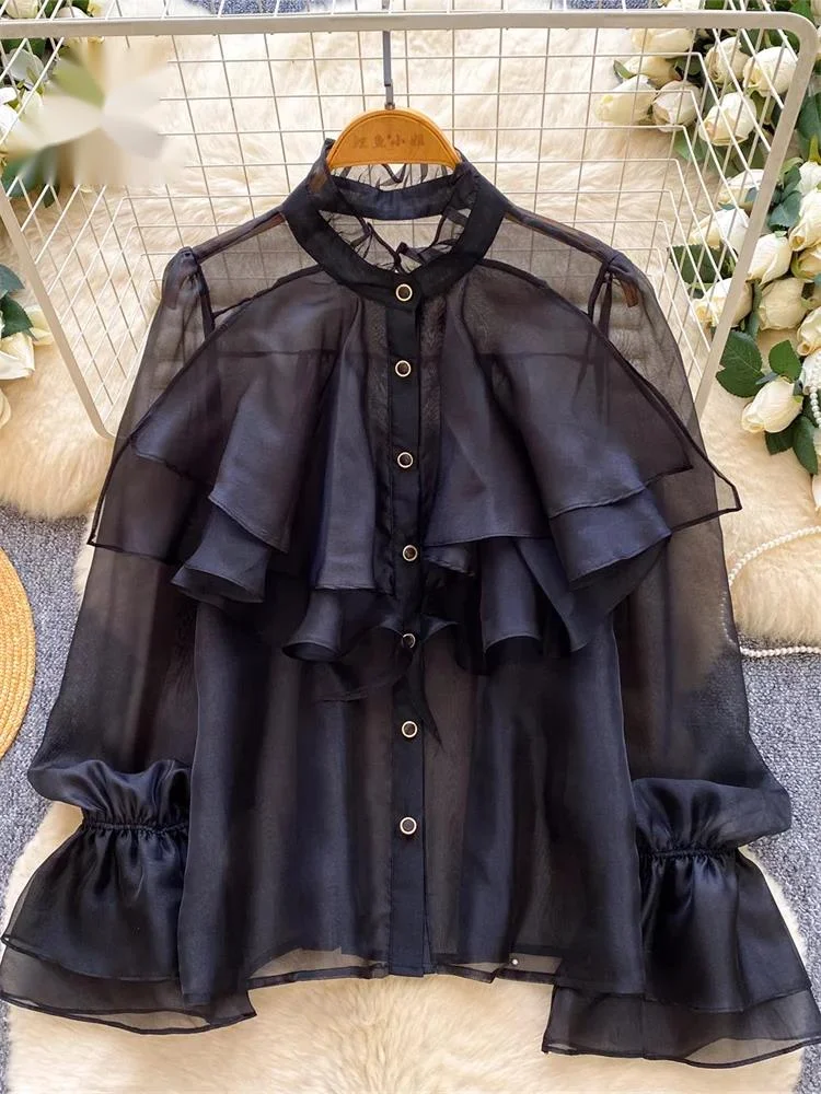 

Женственная шифоновая блузка с рюшами и пышными рукавами во французском стиле, офисная повседневная рубашка, тонкая весенняя рубашка для работы, топ для девушек