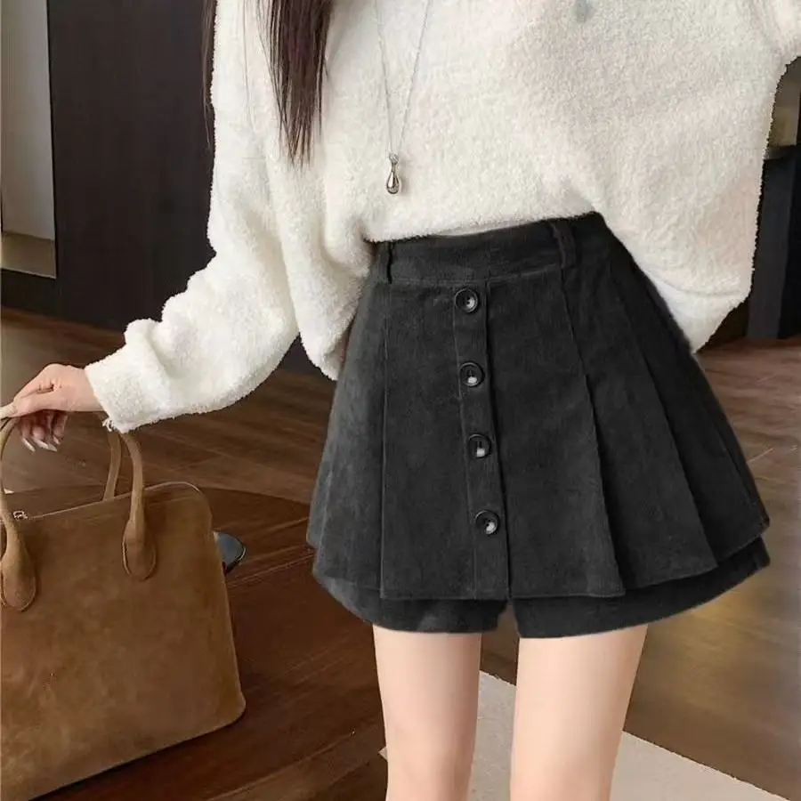 Vintage Pleated High-waisted A-line Wide-leg Culottes 2026 New Autumn Winter Woman Corduroy Shorts Korean Style Girl's Skirt