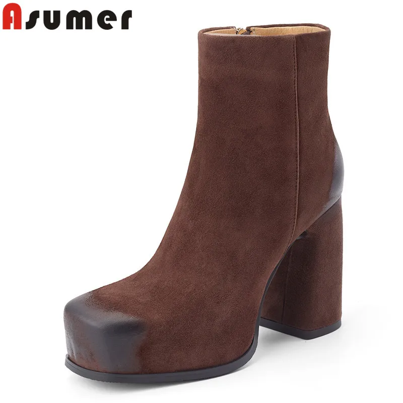Женские ботильоны ASUMER из замши с круглым носком, на платформе, ручной работы, в ретро-стиле, на массивном высоком каблуке.