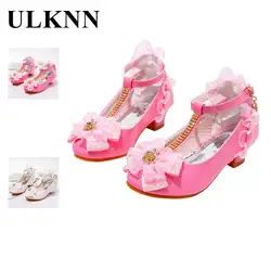 ULKNN Kids Shoes For Girl Dress Wedding Rhinestone Love Heart Pattern Butterfly Lace Mary Jane High Heel Children Princess Shoes