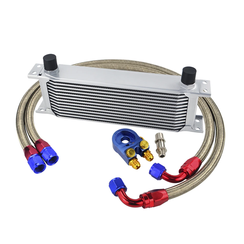 AN10 Universal 13 Rows Oil Cooler Kit + Oil Filter Sandwich Adapter + Staingless Steel Braided AN10 Fuel Hose Connector