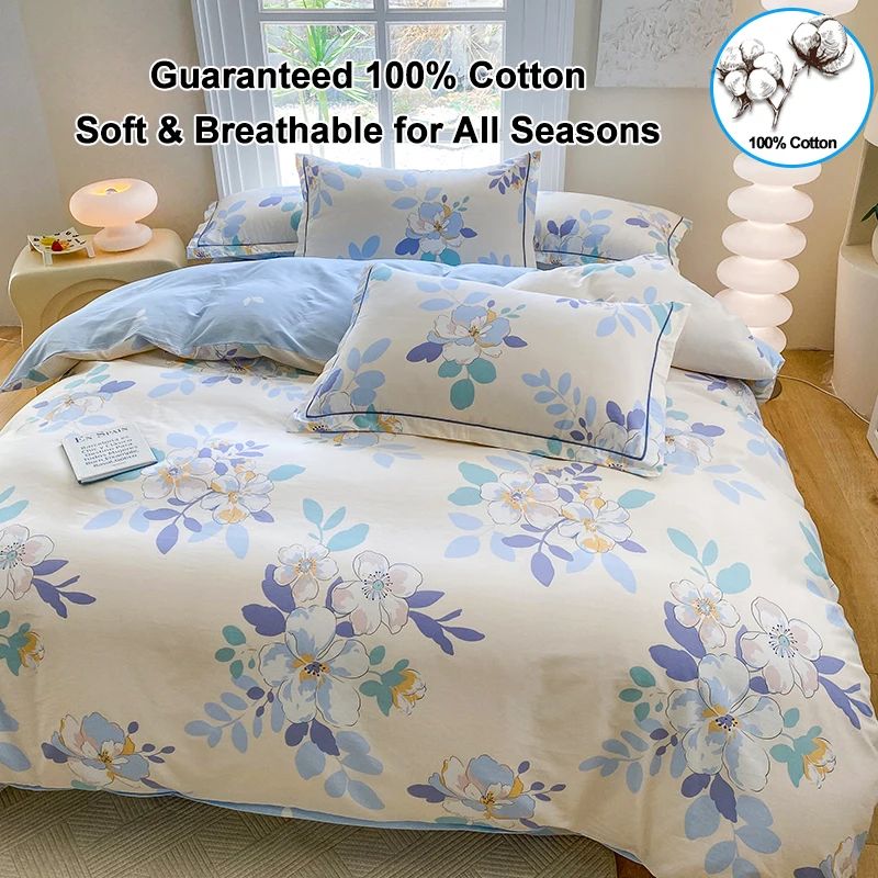 100% Cotton Floral Duvet Cover Set with 2 Pillowcases, Soft Breathable Blue Large Flower Print Quilt Cover Set , Bedding Set