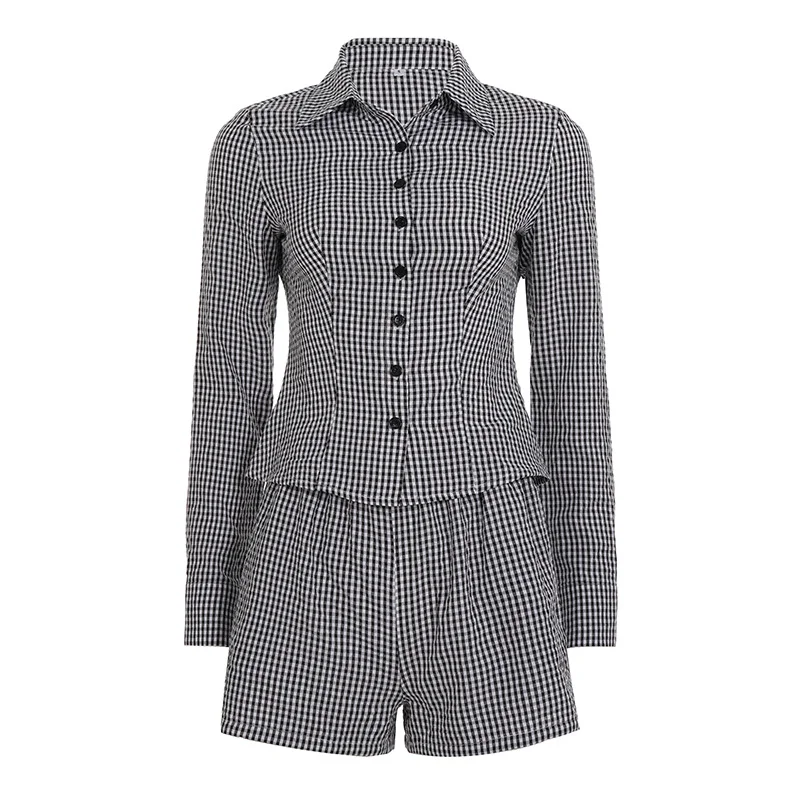 

Plaid Print Shorts Set Women's Fashion Button Long-Sleeved Cardigan Top Elastic Waist Shorts 2-Piece Set 2025 Autumn New