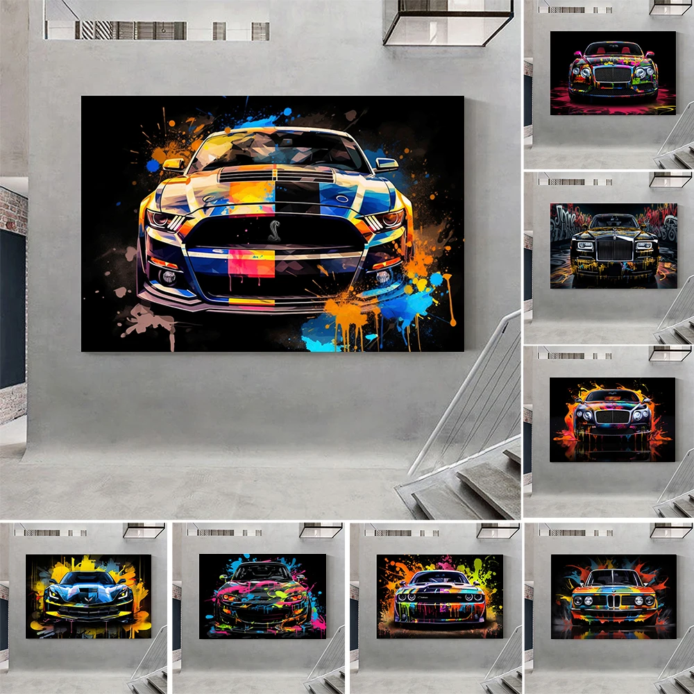 Abstract Classic Mustang Sports Car Poster Retro Challenger Racing Canvas Painting Supercar Motivational Wall Art Room Decor