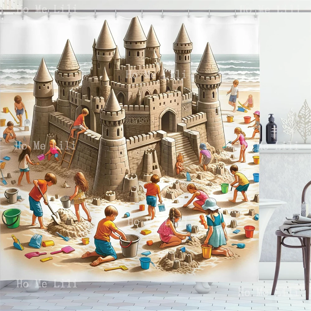 Sand Castle Shower Curtain Funny Cartoon Design Of Playing And Building On The Sandy Beach Shore Fabric Bathroom Decor