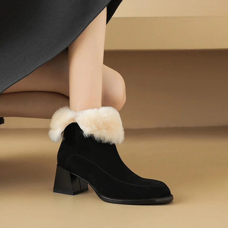 NEW Winter Women Boots Sheep Suede Leather Shoes for Women Round Toe Chunky Heel Shoes Warm Wool Snow Boots Zipper Modern Boots