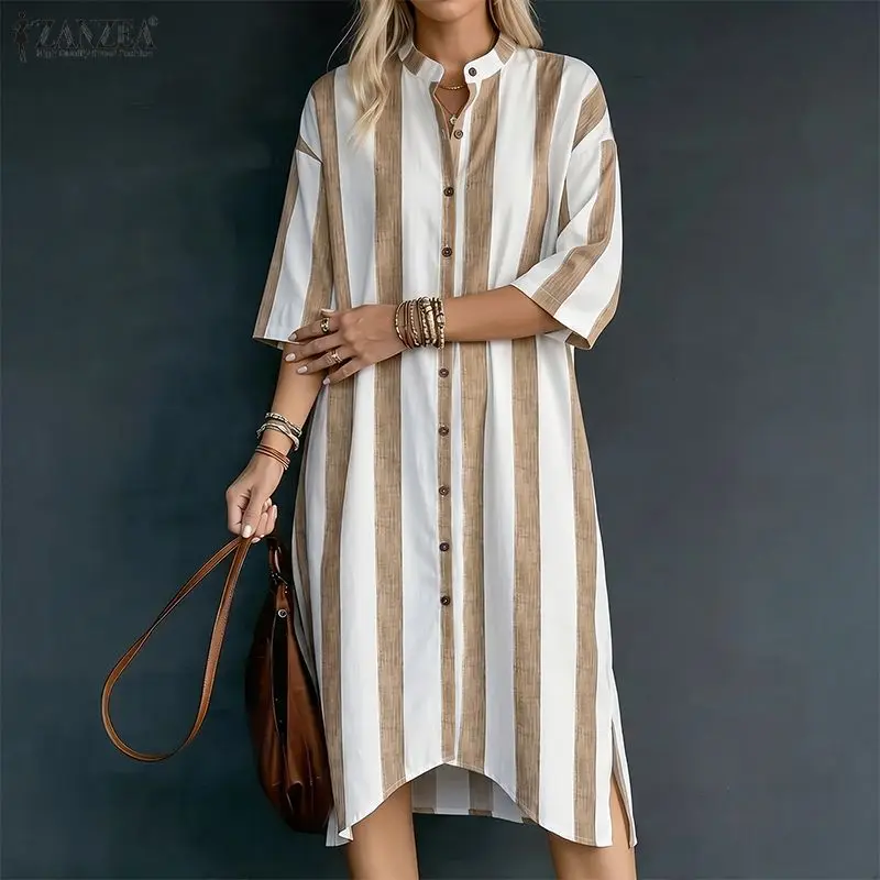 ZANZEA Damen Gestreiftes Asymmetrisches Saum-Midikleid Sommer Stehkragen 3/4-Ärmel Knopfleisten-Hemdkleider Lässiges Lockeres Vestido Mujer