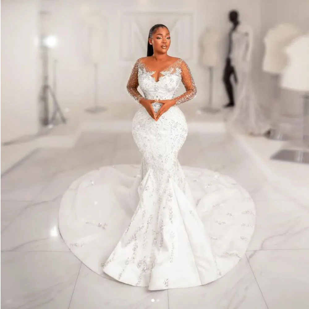 Luxurious Mermaid Wedding Dresses Skin Tulle V Neck Sparkly Crystals Beading Bridal Gowns Plus Size Full Sleeves Women Clothing