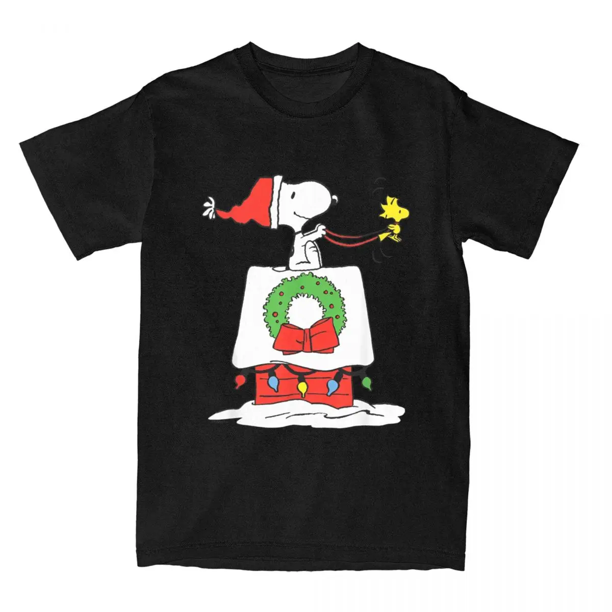 Men Peanuts Holiday Snoopy's Doghouse Sleigh T Shirts 100 Cotton Top Tees Beach Vintage Short Sleeve Big Size