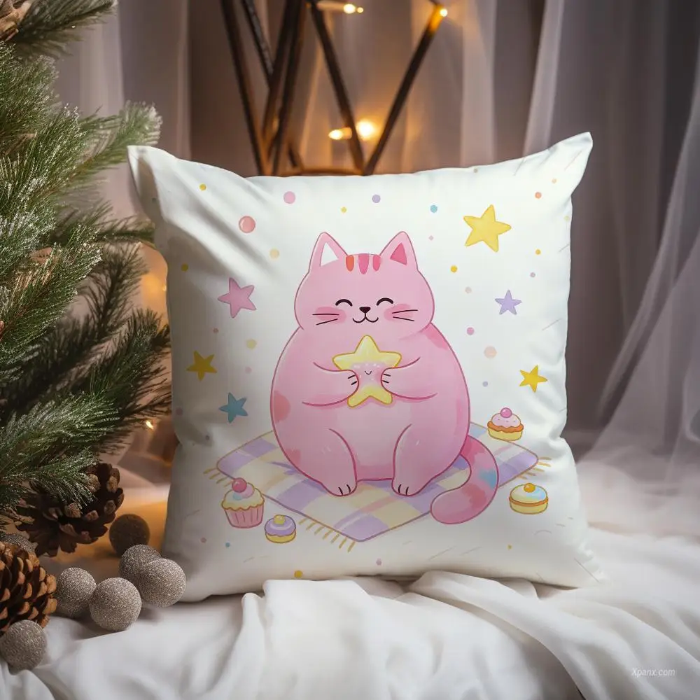 Soft Cute Cat Cushion Cover Premium Comfort Reversible Pillow Cove -Two in One Design for Any Room & Car Interior