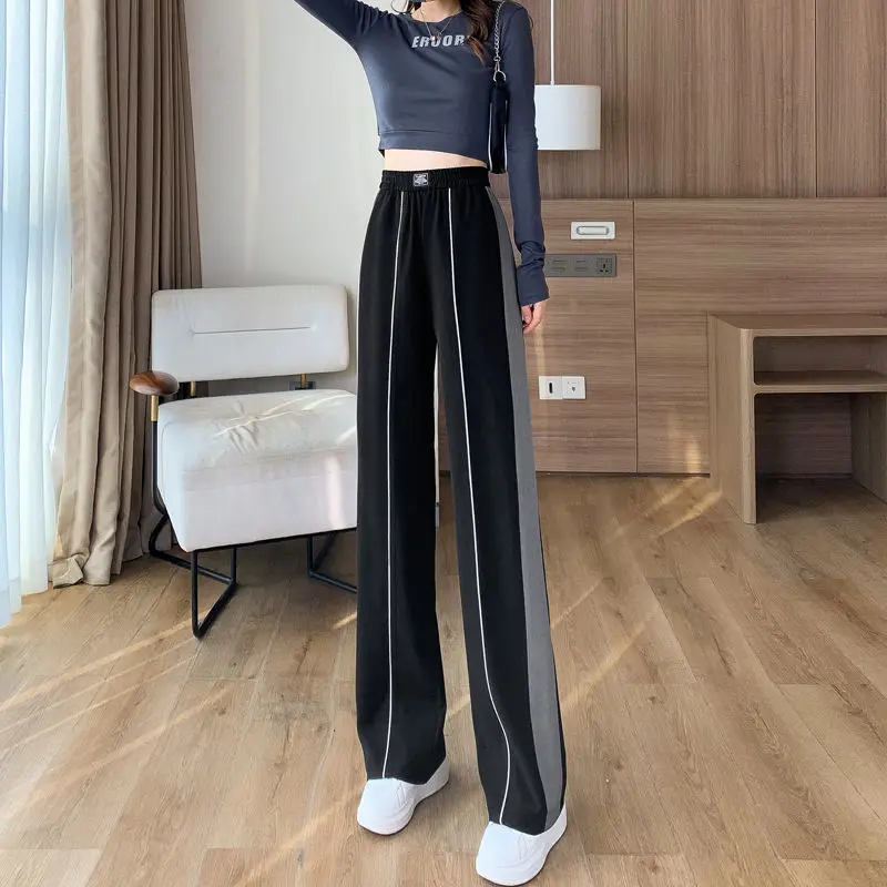 Korean Fashion Women Straight Wide Leg Pants Preppy Style Summer New Cootrast Color High Waist Loose Student Sport Trousers 2023