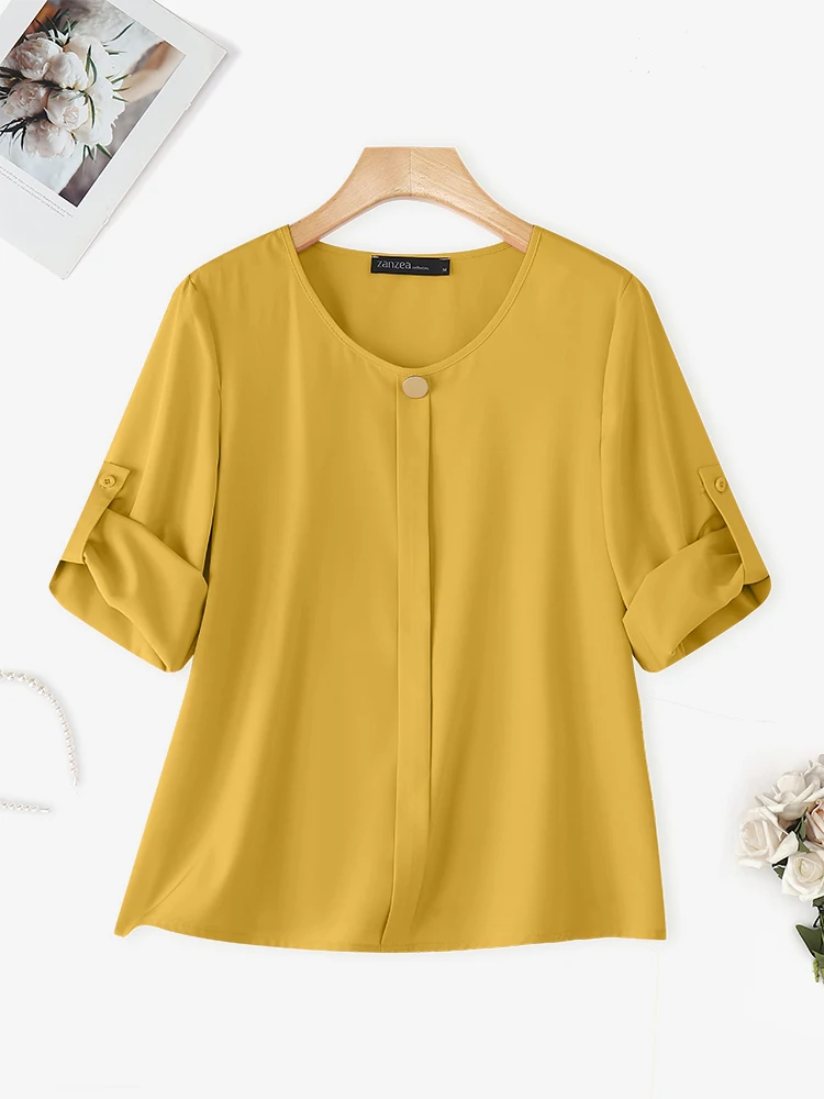 ZANZEA, camisas a la moda para mujer, blusa elegante con manga 3/4, Tops tipo túnica informales con estilo 2021, Blusas coreanas plisadas para oficina para mujer