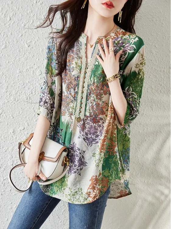 Ladies Cotton Linen Shirt Summer New Style Fashionable Mom Best Selling Short Sleeve Quality Top Small Shirt Short Sleeve Shirt